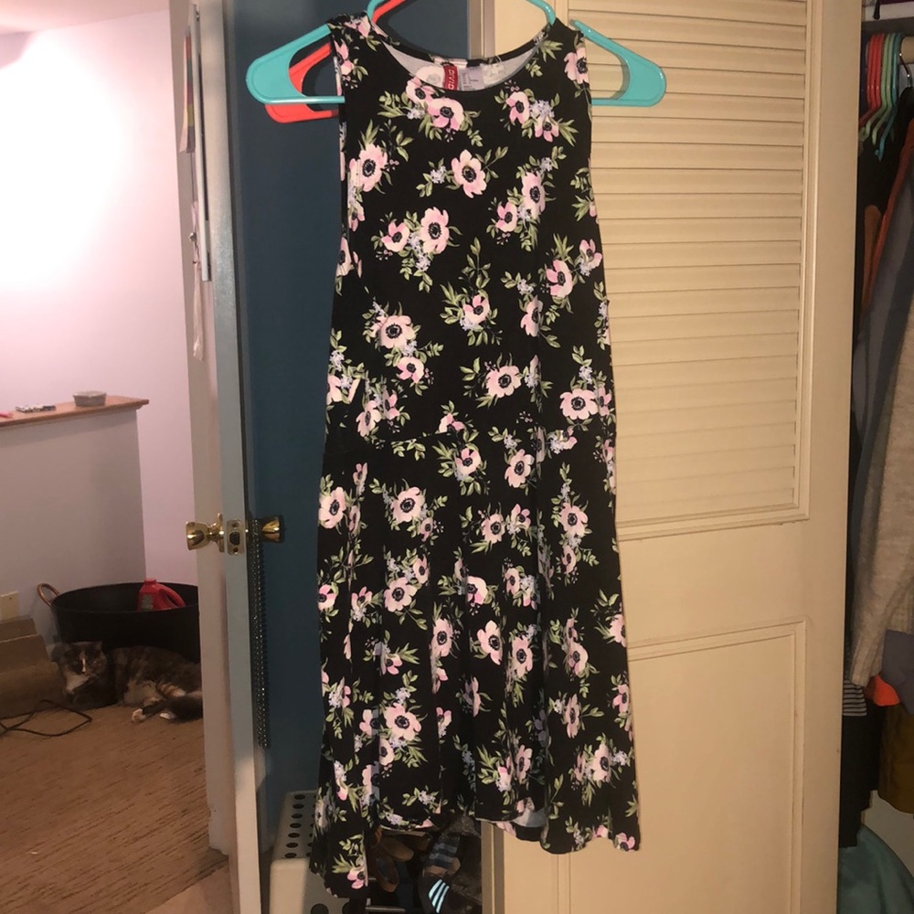Sleeveless Black and Pink Floral Skater Dress